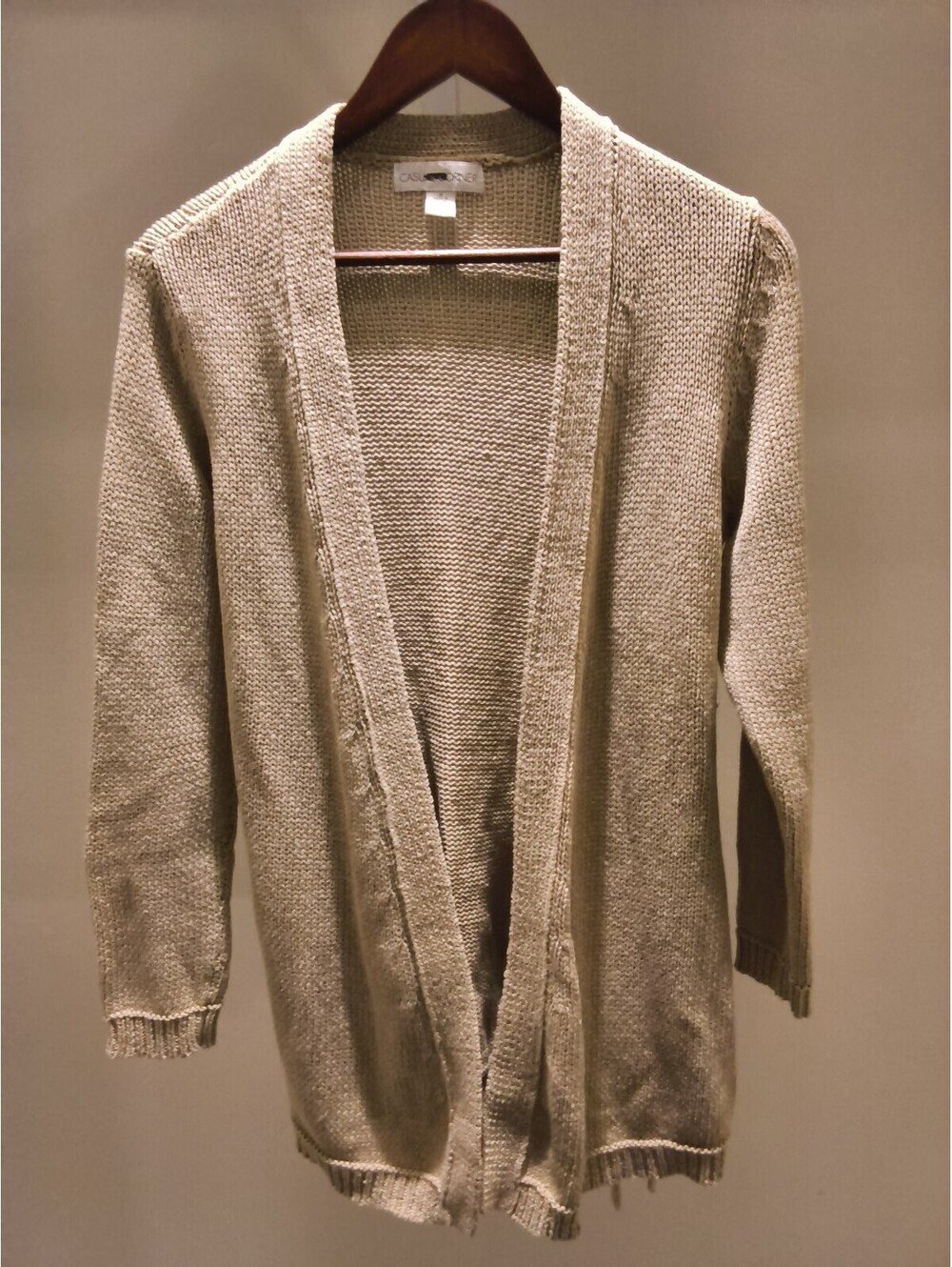 VTG Casual Corner Wmn's M Tan Cable Knit Cardigan Sweater 100 Cotton